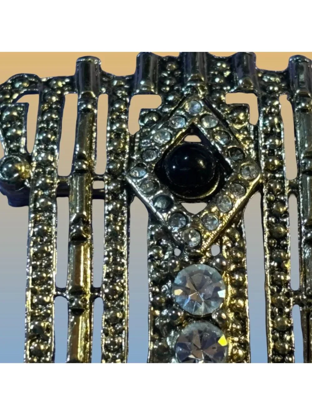 Art Deco Gold Brooch Pin With Black & Clear Rhinestones Vintage Statement Gift